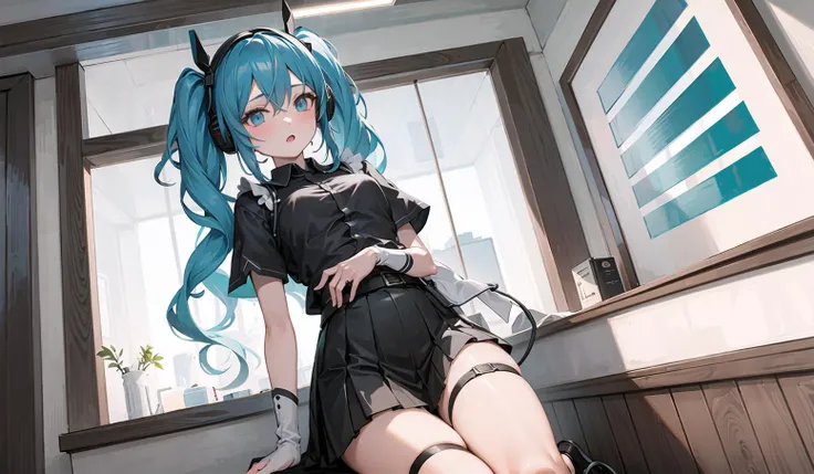 ((masterpiece,best quality))1girl, solo, black skirt, blue eyes,, headphones, long hair, , music, one side up, teal hair, twin tails, pleated skirt, black shirt, indoors