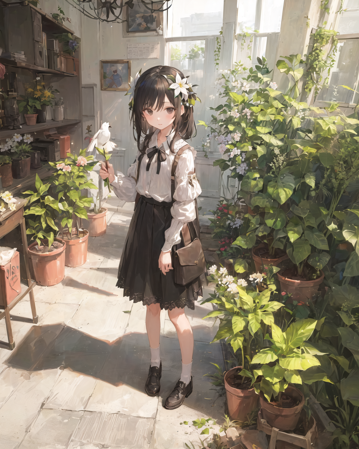 Anime girl in a garden with a flower in her hand - SeaArt AI