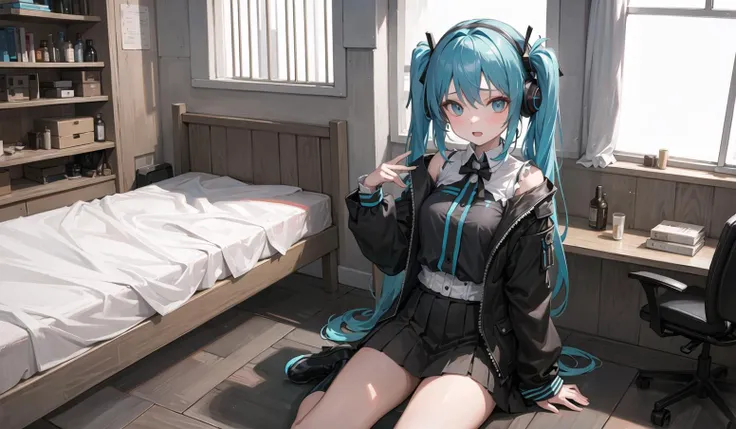 ((masterpiece,best quality))1girl, solo, black skirt, blue eyes,, headphones, long hair, , music, one side up, teal hair, twin tails, pleated skirt, black shirt, indoors