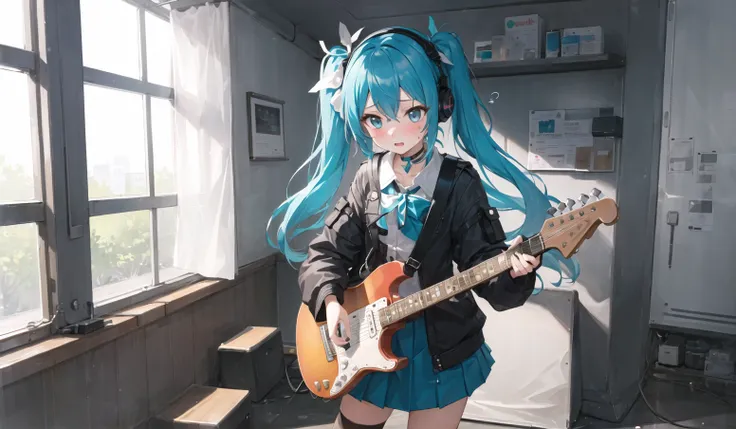 ((masterpiece,best quality)),1girl, sweat, droplets, blush, solo, black skirt, blue eyes, electric guitar, guitar, headphones, holding, holding plectrum, instrument, long hair, , music, one side up, teal hair, twin tails, playing guitar, pleated skirt, black shirt, indoors