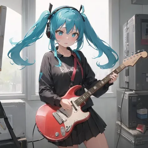 ((masterpiece,best quality))1girl, sweat, droplets, blush, solo, black skirt, blue eyes, electric guitar, guitar, headphones, holding, holding plectrum, instrument, long hair, , music, one side up, teal hair, twin tails, playing guitar, pleated skirt, black shirt, indoors