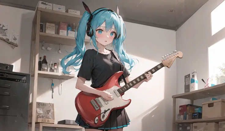 ((masterpiece,best quality))1girl, sweat, droplets, blush, solo, black skirt, blue eyes, electric guitar, guitar, headphones, holding, holding plectrum, instrument, long hair, , music, one side up, teal hair, twin tails, playing guitar, pleated skirt, black shirt, indoors