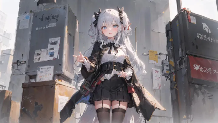 ((masterpiece,best quality))1girl, solo, black|white skirt, blue eyes, (long hair:1.23) , one side up, white|light blue hair, looking at viewer,standing, pleated skirt, black|white shirt, (black stocking:1.4),outdoors,knees together,city,black ribbon