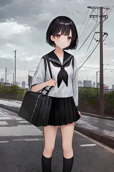 ((masterpiece,best quality)),1girl, from below, solo, school uniform, serafuku, sky, cloud, black hair, skirt, sailor collar, looking at viewer, short hair, building, bangs, neckerchief, long sleeves, cloudy sky, power lines, shirt, cityscape, pleated skirt, scenery, blunt bangs, city, night, black sailor collar, closed mouth, black skirt, medium hair, school bag , holding bag