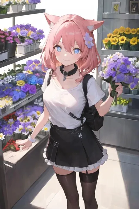(best quality), ((masterpiece)), (highres), extremely detailed girl, solo, sharp focus,((((((flower shop)))))), ((cinematic lighting)), (((character(((1 girl)))))), solo, (((beautiful plain pink t shirt))), pants, standing, light smile, closed mouth, (((((sharp focus))))), (((((masterpiece illustration))))), ((((medium shot)))), shiny hair, short hair, blonde hair, curly hair, hair between eyes, beautiful detailed eyes, blue eyes, jewel-like eyes, diamond-shaped pupils, large breasts, animal ears, beautiful detailed jewel leather collar, backpack, black legwear,