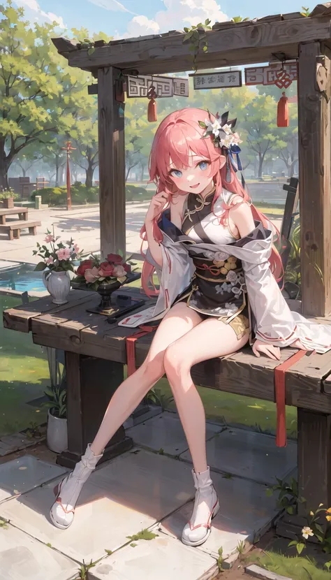 ((masterpiece,best quality))1girl,look at the front horizontally, happy, the whole body,Skin whitening,blue eyes,thin,Thigh length,slender waist, long hair,pink hair,white clother,  outdoors,white hanfu,china style,(off shoulder),Exposed legs,cloudy weather,Trees, flowers, summer,Chinese architecture,Stone floor