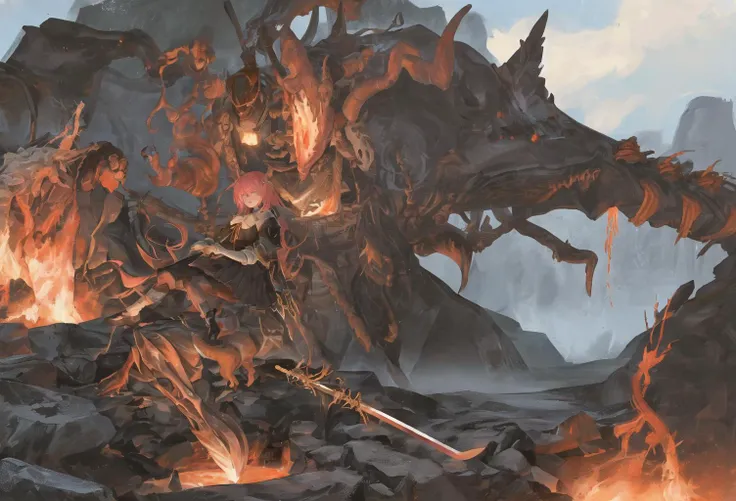 sketch,monochrome,masterpiece,ultra-detailed,vortices,tentacle,cthulhu,huge eyes,titain,waterfall, clouds, insane,pink skirt,undepictable,masterious,skeleton,whale,thunder,wood boat,dragon,railgun,armor, dragon face, fox face, gods,python,wings,angle, black sun,lava,rocks, lava rain,maple, cherry blossom tree, (rusted sword:1.6), rockets, refrigerator,gandam,abstact,abnormal,dead,zombie,fire,thunderstorm