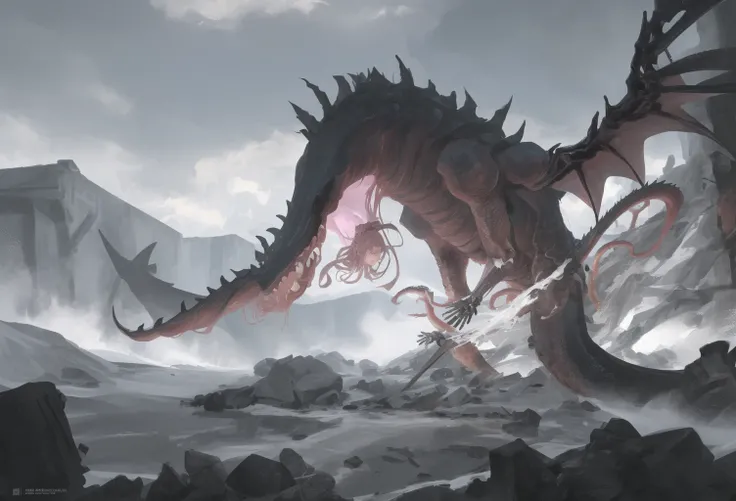 sketch,monochrome,masterpiece,ultra-detailed,vortices,tentacle,cthulhu,huge eyes,titain,waterfall, clouds, insane,pink skirt,undepictable,masterious,skeleton,whale,thunder,wood boat,dragon,railgun,armor, dragon face, fox face, gods,python,wings,angle, black sun,