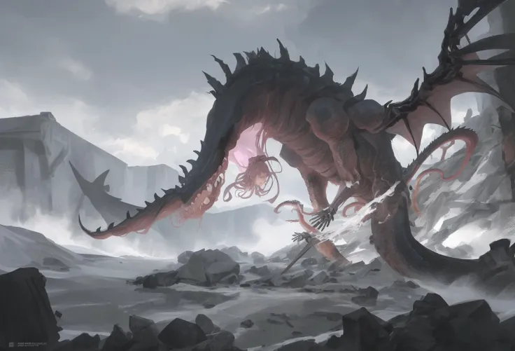 sketch,monochrome,masterpiece,ultra-detailed,vortices,tentacle,cthulhu,huge eyes,titain,waterfall, clouds, insane,pink skirt,undepictable,masterious,skeleton,whale,thunder,wood boat,dragon,railgun,armor, dragon face, fox face, gods,python,wings,angle, black sun,