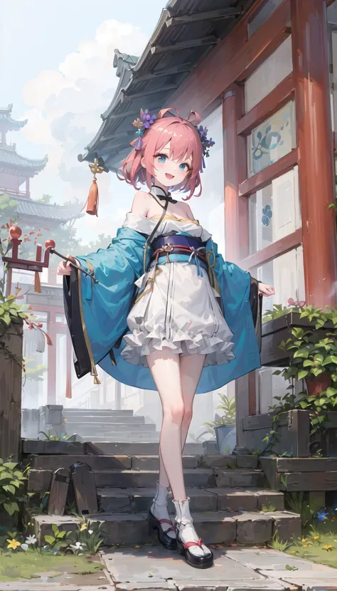 ((masterpiece,best quality))1girl,look at the front horizontally, happy, the whole body,Skin whitening,blue eyes,thin,Thigh length,slender waist, long hair,pink hair,white clother, outdoors,white hanfu,china style,(off shoulder),Exposed legs,cloudy weather,Trees, flowers, summer,Chinese architecture,Stone floor, <lora:elegantHanfuRuqun_v10:1>