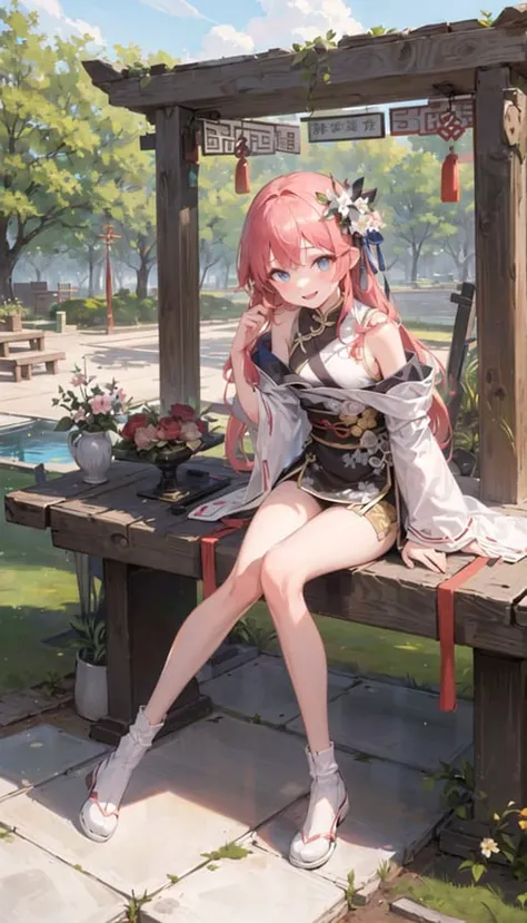 ((masterpiece,best quality))1girl,look at the front horizontally, happy, the whole body,Skin whitening,blue eyes,thin,Thigh length,slender waist, long hair,pink hair,white clother, outdoors,white hanfu,china style,(off shoulder),Exposed legs,cloudy weather,Trees, flowers, summer,Chinese architecture,Stone floor