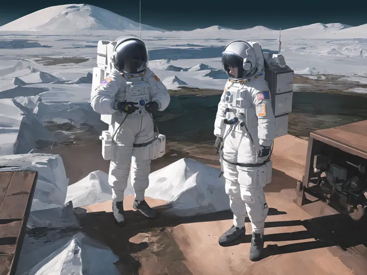 (best quality, masterpiece, ultra-detailed, illustration, 8k uhd, high resolution:1.2), (1girl, full body shot:1.1), (long view, wide shot, dreamy:1.2), from below, wearing an astronaut suit, on the moon, floating, walking, spacecraft