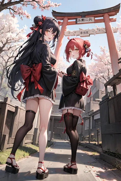 ((masterpiece,best quality)),2girls, black kimono, black legwear, black ribbon, black hair, cherry blossoms, day, flower, hair bun, hair ribbon, japanese clothes, kimono, long hair, looking at viewer, looking back, multiple girls, obi, outdoors, red eyes, red hair, ribbon, sandals, single hair bun, stairs, standing, statue, torii, tree, white kimono, yellow eyes