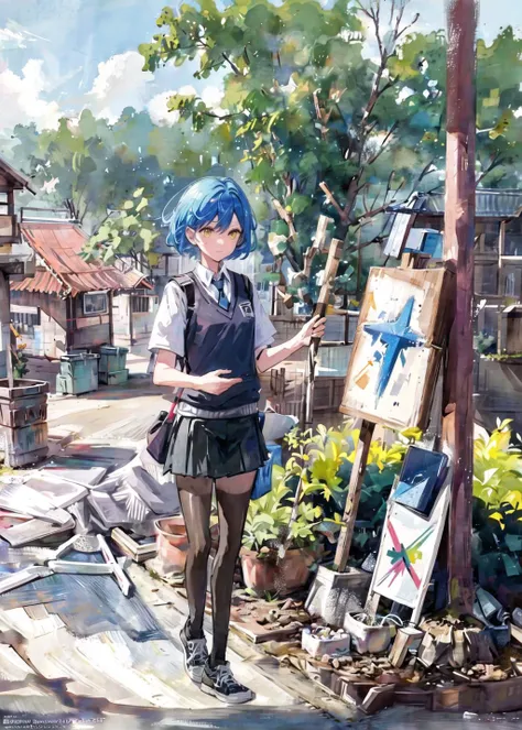 girl, blue hair, yellow eyes, white shirt, sweater, v shaped cut, shirt, black thin tie, black skirt, black tights, 20 years old, 1girl, short haircut, 2 hairpins, medium breasts size, digital art, ((masterpiece, best quality)), ultra-detailed, illustration, absurdres, (sharpness:1.5), <lora:Colorwater_v4:0.8>