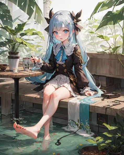 (masterpiece, best quality), (1girl with white long hair, beautiful blue eyes, hair ribbon, collared shirt, bare feet, french braid, plant), (multicolored_hair:1.2), blue_hair|(white_hair:1.3), long_hair, petite, cute, outdoor, steampunk, (underwater:1.2), pillow, (fantasy, zero gravity, hair floating in water), volumetric lighting, detailed eyes, hyper detailed, highly detailed, beautiful, small details, ultra detailed, best quality, intricate, hyperrealism, sharp, digital illustration, detailed, realism, intricate, 4k, 8k, trending on artstation, good anatomy, beautiful lighting, award-winning, photorealistic, realistic shadows, realistic lighting, beautiful lighting, raytracing, intricate details, rule of thirds, masterpiece, (illustration:1.1), highres, (extremely detailed CG, unity, 8k wallpaper:1.1), beautiful face, highly detailed face, ultra realistic, masterpiece, bokeh, extremely detailed, intricate, zoomout, colorful, vibrant colors, perspective, backlight, detailed background