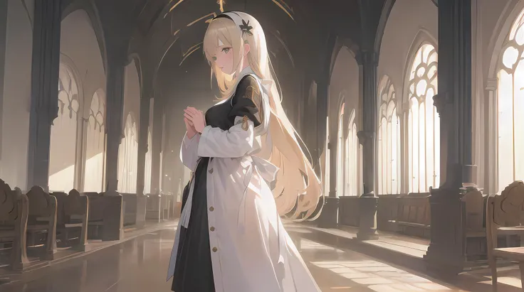((photorealistic:1.4))best quality ,masterpiece,(raw photo:1), illustration, an extremely delicate and beautiful, extremely detailed ,CG ,unity ,8k wallpaper, Amazing, finely detail, masterpiece,best quality,official art,extremely detailed CG unity 8k wallpaper,absurdres, incredibly absurdres, huge filesize, ultra-detailed, ultra high res,highres, extremely detailed, beautiful detailed girl, extremely detailed eyes and face, beautiful detailed eyes,extremely detailed face, perfect lighting,light on face,warm lighting, natural colors,1girl, solo focus, solo, full body, full-body shot,
church, stained glass, looking at viewer, stading, sacred light, light, holy light,
a nun praying with her hands together, standing in the middle, stading in the center,
middle breast, beauty, blond long hair, detailed background, majestic, magnificent, descent, (nimbus, aureole), (front, facade)