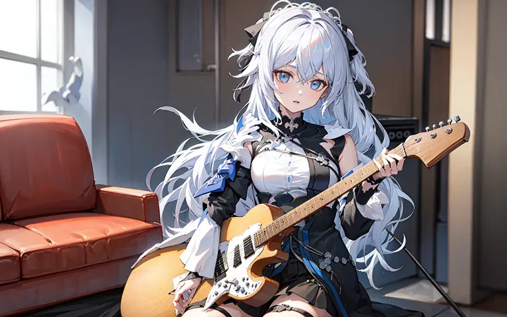 ((masterpiece,best quality))1girl, solo, blue eyes, electric guitar, holding, holding plectrum, instrument, long hair , music, one side up, white hair, playing guiter, indoors,((high contrast))
<lora:bronyaZaychikSilverwingNEX_v09:1>
