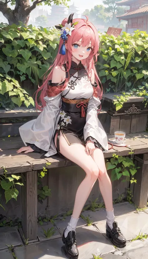 ((masterpiece,best quality))1girl,look at the front horizontally, happy, the whole body,Skin whitening,blue eyes,thin,Thigh length,slender waist, long hair,pink hair,white clother,  outdoors,white hanfu,china style,(off shoulder),Exposed legs,cloudy weather,Trees, flowers, summer,Chinese architecture,Stone floor, <lora:elegantHanfuRuqun_v10:1>