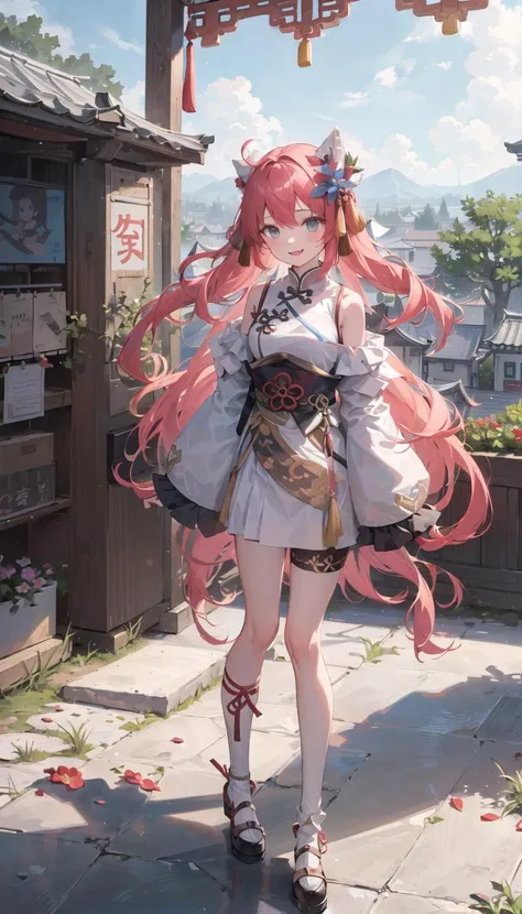 ((masterpiece,best quality))1girl,look at the front horizontally, happy, the whole body,Skin whitening,blue eyes,thin,Thigh length,slender waist, long hair,pink hair,white clother, outdoors,white hanfu,china style,(off shoulder),Exposed legs,cloudy weather,Trees, flowers, summer,Chinese architecture,Stone floor