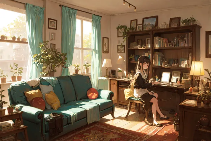 living room, couch, window, curtains, dappled sunlight, potted plant, table, cabinet,bookshelf, paper, desk lamp, typewriter, girl sitting on sofa
