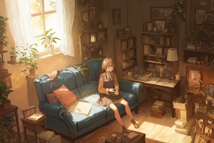 living room, couch, window, curtains, dappled sunlight, potted plant, table, cabinet,bookshelf, paper, desk lamp, typewriter, girl sitting on sofa