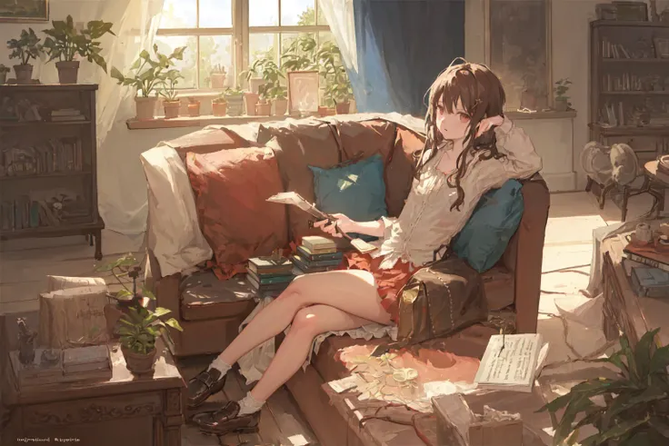 living room, couch, window, curtains, dappled sunlight, potted plant, table, cabinet,bookshelf, paper, desk lamp, typewriter, girl sitting on sofa