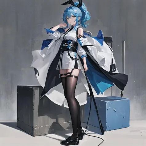 full body, 1girl, close up, blue background,
light blue hair, ponytail, short haircut,
bare shoulders, black ribbon, black and blue kimono, white leather cape,
standing, looking at viewer
