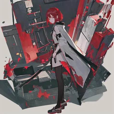 looking at viewer, white and red kimono,
full body, 1girl, close up, red background, background minimalism, burning building in the background,
red hair, bob hairstyle, short haircut, face with tenderness,
bare shoulders, black ribbon, white leather cape,
standing