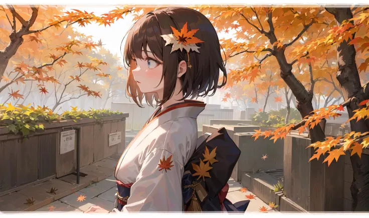 ((masterpiece,best quality)),1girl, bangs, blue eyes, blurry background, branch, brown hair, dappled sunlight, flower, from side, hair flower, hair ornament, japanese clothes, kimono, leaf, (maple leaf:1.9), obi, outdoors, sash, solo, sunlight, upper body