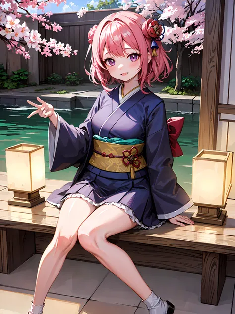 (RAW photo, best quality), (realistic, photo-realistic:1.3), masterpiece, an extremely delicate and beautiful, extremely detailed, CG, unity , 2k wallpaper, Amazing, finely detail, light smile, extremely detailed CG unity 8k wallpaper, huge filesize, ultra-detailed, highres, absurdres, In the heart of Edo, the bustling capital city of Japan, a young girl dressed in traditional Japanese attire walks through the crowded streets. Her kimono, adorned with vibrant hues of pink and purple, sways gently with each step she takes. She carries a delicate paper lantern in one hand, intricately decorated with a colorful design of cherry blossoms and cranes.