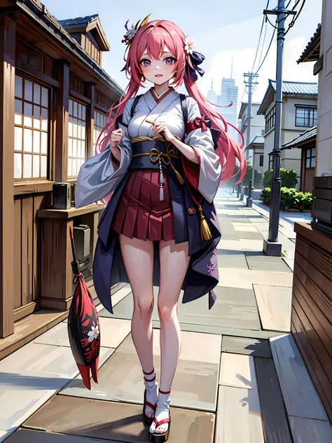 masterpiece, best quality, 1girl, (colorful),(finely detailed beautiful eyes and detailed face),cinematic lighting,bust shot,extremely detailed CG unity 8k wallpaper, In the heart of Edo, the bustling capital city of Japan, a young girl dressed in traditional Japanese attire walks through the crowded streets. Her kimono, adorned with vibrant hues of pink and purple, sways gently with each step she takes. She carries a delicate paper lantern in one hand, intricately decorated with a colorful design of cherry blossoms and cranes. blue skies