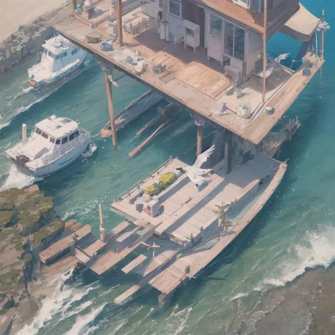 (8k, RAW photo, best quality, masterpiece:1.1), bird's eye view, asymmetrical, blue ocean, low tide, sea waves, coastal road, sandy beach, piers, sailboats, yachts, ship wake, contrail, cars, tourists, lighthouse, seagulls, horizon, breeze, summer, morning, sunny, cloud, calm, fresh air, depth of field