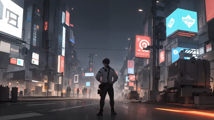((masterpiece, best quality)), A tall and thin man, (White T-shirt:1.6), Black shorts, (starry night:1.5),cloud, Wide-Angle, ((cyberpunk)), no human, Streets of future  City, Neon light, Night scene, Signboard, High-tech,