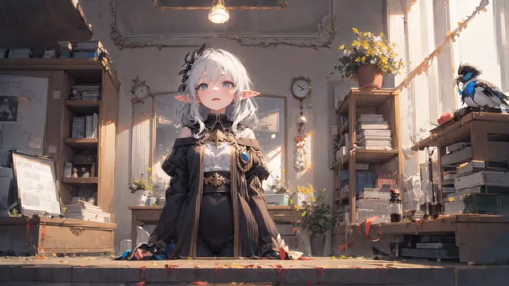 [(sky background:1.5),::5] (isometric:1.0),clock_background,grand archives,sand clock,hourglass,death,blood,night, dark, (Fantasy),Infinite,deep blue sky,The abyss of knowledge,knowledge,((masterpiece)), (((best quality))),((beautiful detailed eyes)),(eyelash),Monster,(1 girl),white hair,long hair,abyss eyes,Shiny skin,oil,small breast,(bird body,feather), elf,extremely detailed CG unity 8k wallpaper,masterpiece, ((ultra-detailed)), ((illustration)),colorful,wallpaper,energy,Unknown terror,arcane,Around the magic,magic surrounds,magic rod,book,pages flying all over the sky,Know it all,Predicting the Future,Know the past,Infinite wisdom,blue flame,Warlock,Magical Circle,Pentagram,incantation,mantra,Singing magic,green eyes,green magic,delicate eyes.