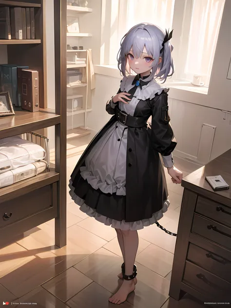 ((masterpiece,best quality)),1girl,solo,flat chest,chain, cuffs, shackles, broken_chain, collar, chained, handcuffs, barefoot,black and white hair, long_hair,metal_collar, solo, ankle_cuffs, broken, purple_eyes, very_long_hair, ball_and_chain_restraint, bound, bdsm,detailed,8k, detailed shadow,cute expression,standing pose,masterpiece, illustration, an extremely delicate and beautiful, extremely detailed ,CG ,unity ,8k wallpaper, Amazing, finely detail, masterpiece,best quality,official art, extremely detailed CG unity 8k wallpaper,huge filesize, ultra-detailed, highres, extremely detailed, beautiful detailed girl,((detailed face,perfect face)), (extremely detailed eyes),((looking at viewer)),highres,(real person,photograph),cute,1girl,