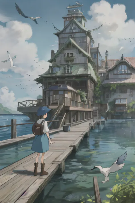(masterpiece),(best quality:1.3),(ultra detailed:1.2),((absurdres )),(highres:1.1),(extremely detailed CG), illustration,, beautifully detailed ,(cinematic composition:1.3),(HDR:1), Accent Lighting, (oversaturated:1.3), in the style of studio ghibli, fantasy, overgrown traditional ocean town in a tropical lake, pond, waterfalls, oasis, cozy, ancient technology, low angle, flooded , caves, monuments, ruins, ropes, train, dock, wooden walkways, long wooden staircase, Toon, Sketch, blue water, sparkling water, paradise, wildflowers, statues, birds, clouds, people enter a building made out of a sailboat, <lora:studioGhibliStyle_offset:1>