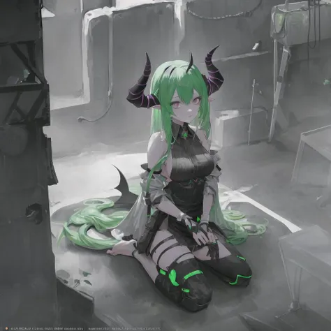 masterpieces, best quality, 1girl, demon girl, demon horns, green skin, ambient occlusion, sexy outfit, sideboob, lollipop, gothic, techwear, light reflexion, city road, bare shoulders, barefoot