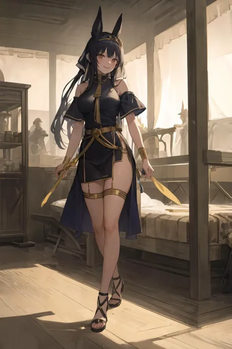 masterpiece, 4k, high quality, highly detailed, detailed face, HDR, vivid colors, natural lighting, style-hamunaptra,
1girl, solo,full body,indoor,museum,
a long black hair dark skin girl,Anubis, wearing black egyptian dress,golden jewelry, high heel sandals , walking , smile,