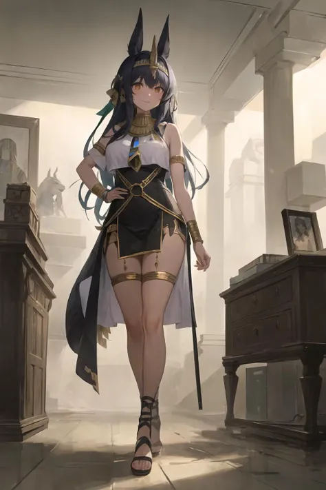 masterpiece, 4k, high quality, highly detailed, detailed face, HDR, vivid colors, natural lighting, style-hamunaptra,
a Anubis-like long black hair dark skin girl, wearing black egyptian dress,golden jewelry, high heel sandals ,  walking in the egyptian museum, smile,
1girl, solo,full body,indoor