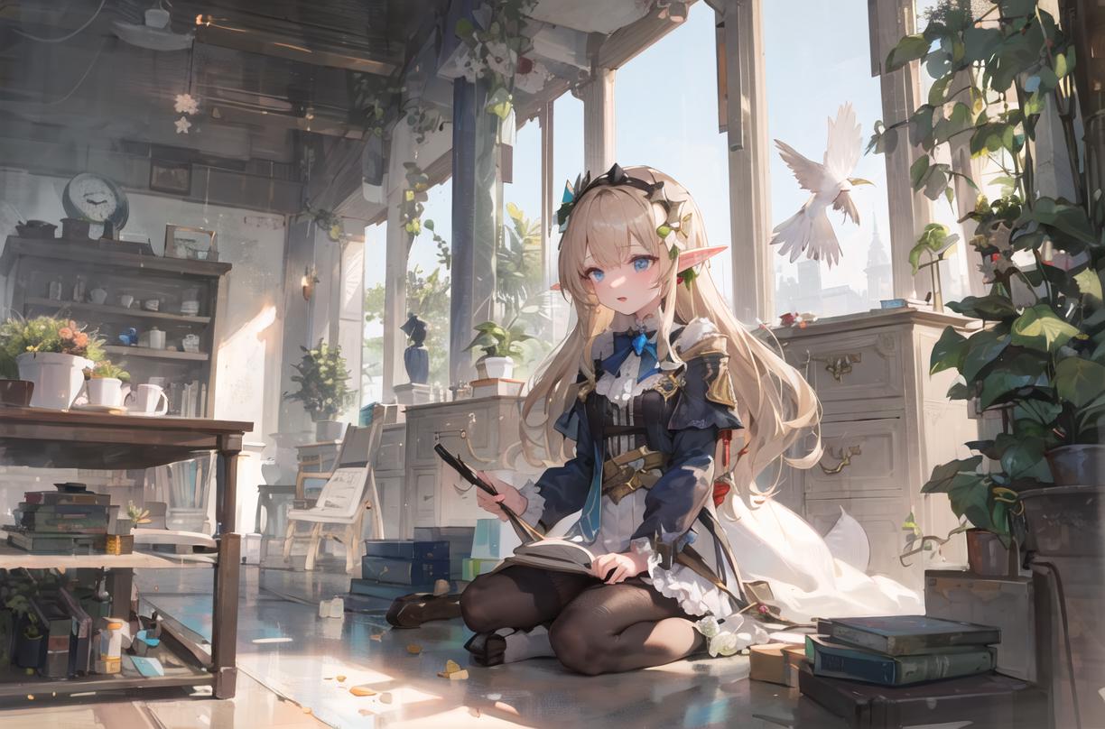 Anime girl sitting on the floor with a book and a sword - SeaArt AI