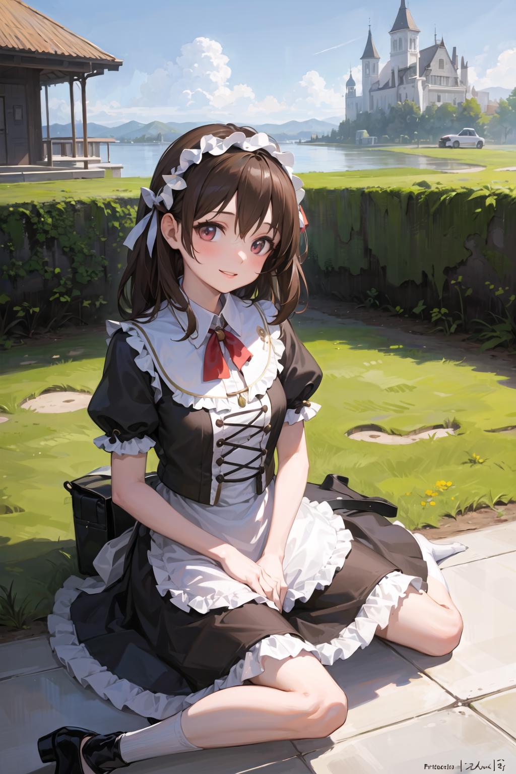 Anime girl sitting on the ground in front of a castle - SeaArt AI