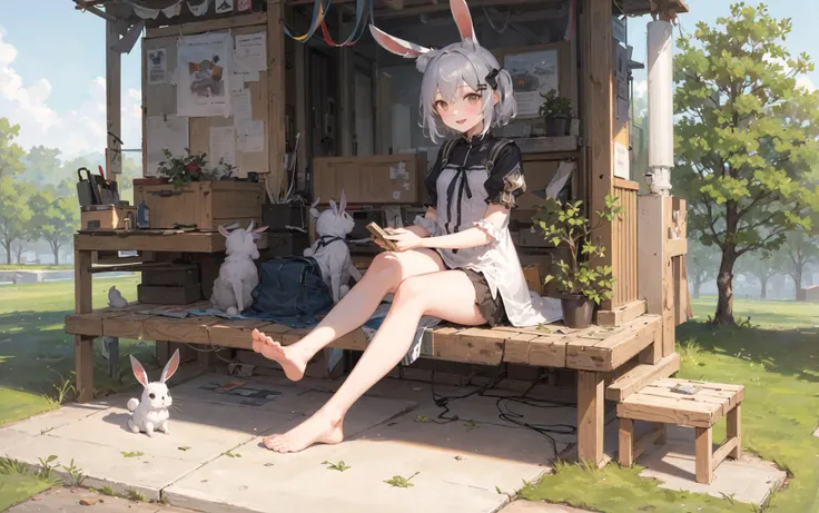 ((masterpiece,best quality)),1girl, solo, animal ears, rabbit, barefoot, knees up, dress, sitting, rabbit ears, short sleeves, looking at viewer, grass, short hair, smile, white hair, puffy sleeves, outdoors, puffy short sleeves, bangs, on ground, full body, animal, white dress, sunlight, brown eyes, dappled sunlight, day, depth of field