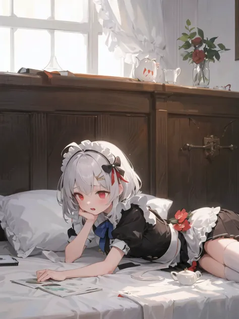 Red eyes, side view, black silk, ray tracing, {best quality}, {{masterpiece}}, {highres}, original, extremely detailed 8K wallpaper, {delicate and beautiful}, incredibly_absurdres, colorful, intricate detail, artbook, pleated skirt, heterochromia, ukiyo-e, poncho, on bed, indoors, Aestheticism Painting, meticulous painting, maid, solo, young girl, ahoge, long hair, no nose, white hair, looking away, lying on back, hand to own mouth, embarrassed, summer long skirt, white stocking.