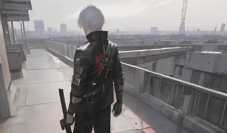 ((masterpiece, best quality, ultra high res)) , (photorealistic:1.4), colorful , extremely detailed CG unity 8k wallpaper , cinematic composition , cyberpunk , 1boy stood on the rooftop and looked at the view , from back view , cyberpunk city , gloomy atmosphere , white hair , red skull black jacket , katana