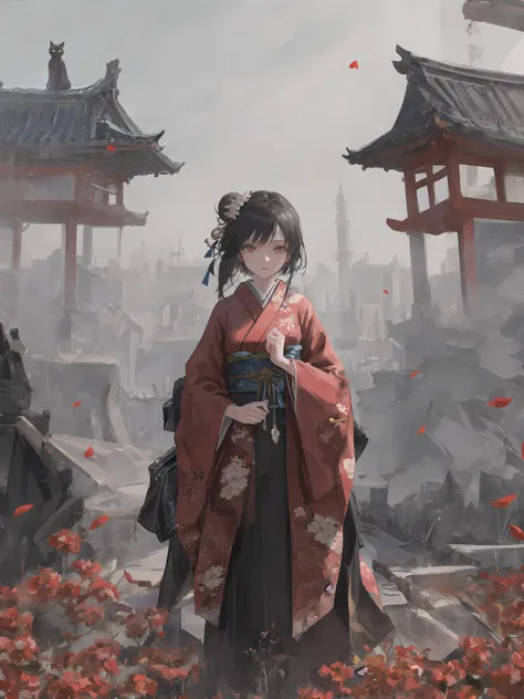 masterpiece, best quality, a woman in a red kimono with a sword and a red background with a pagoda and a red stream of smoke, Facing the camera sideways, fantasy art,1girl, red_background, petals, official_alternate_costume, japanese_clothes, kimono, solo, hair_bun, sidelocks, red_eyes, full_body, breasts, black_hair, standing, flower,  <lora:wlopStyleLora_v1:0.8>