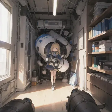 (masterpiece, best quality:2.0), ((hyper detailed face, hyper detailed, realistic, realistic face, realistic eyes, realistic nose, photorealistic, traditional media, hyper detailed pupils, best lighting, best shadows)), 1girl, ((medium breasts, blonde hair, blue eyes, bobbed hair)), ((girl hiding on a space station, space, sci-fi, zero gravity, spacecraft, deep space, stars, air lock)), futuristic, weightless, spaceship, planet outside window, stars, airlock, glossy lips, high tech, electronics, space, (art by Monet)