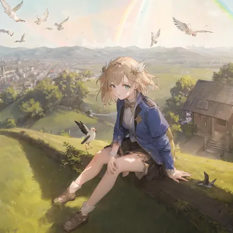 highest quality, master peice, city, 1 pretty girl, bird view, sitting on grass, looking at viewer, blue sky, rainbow <lora:animeLineartMangaLike_v30MangaLike:1>