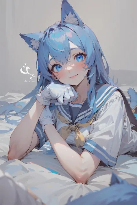 (masterpiece, best quality), beautiful girl, cat ears, smile, slim body, lying, (blue and white school uniform:1.1), (detailed beautiful eyes), paw gloves
