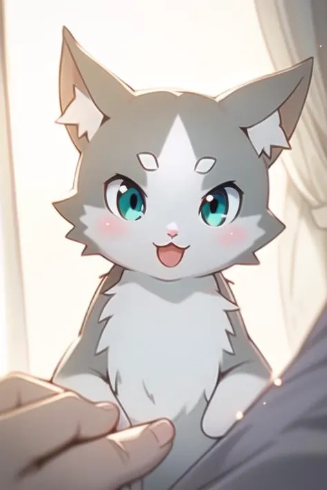 depth of field, perfect lighting, light particles,(best quality),(masterpiece),(ultra detailed),sharp focus, puck, :3, aqua_eyes, blue_eyes, cat, :d, smile, solo, tail, <lora:40_pucklike25d-000002:0.8>, pov, close-up, upper body, windows, curtains, bedroom, all fours,