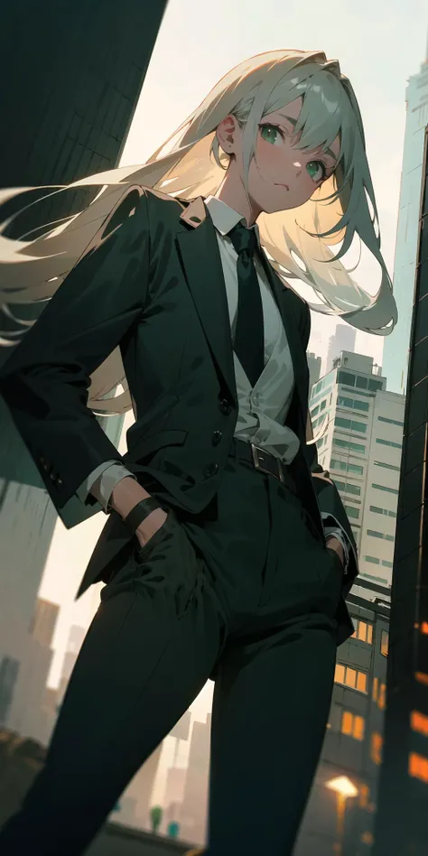 (masterpiece, best quality),(((from below, depth of field, dutch angle, green lighting))), floating hair, 1girl, solo, formal, hand in pocket, suit, black gloves, building, looking at viewer, black necktie, fingerless gloves, white shirt, city, outdoors, black jacket, belt, black pants, collared shirt, brown eyes, standing, long sleeves, grey hair, cityscape, open jacket, cowboy shot, skyscraper, black suit, night, pant suit, very long hair